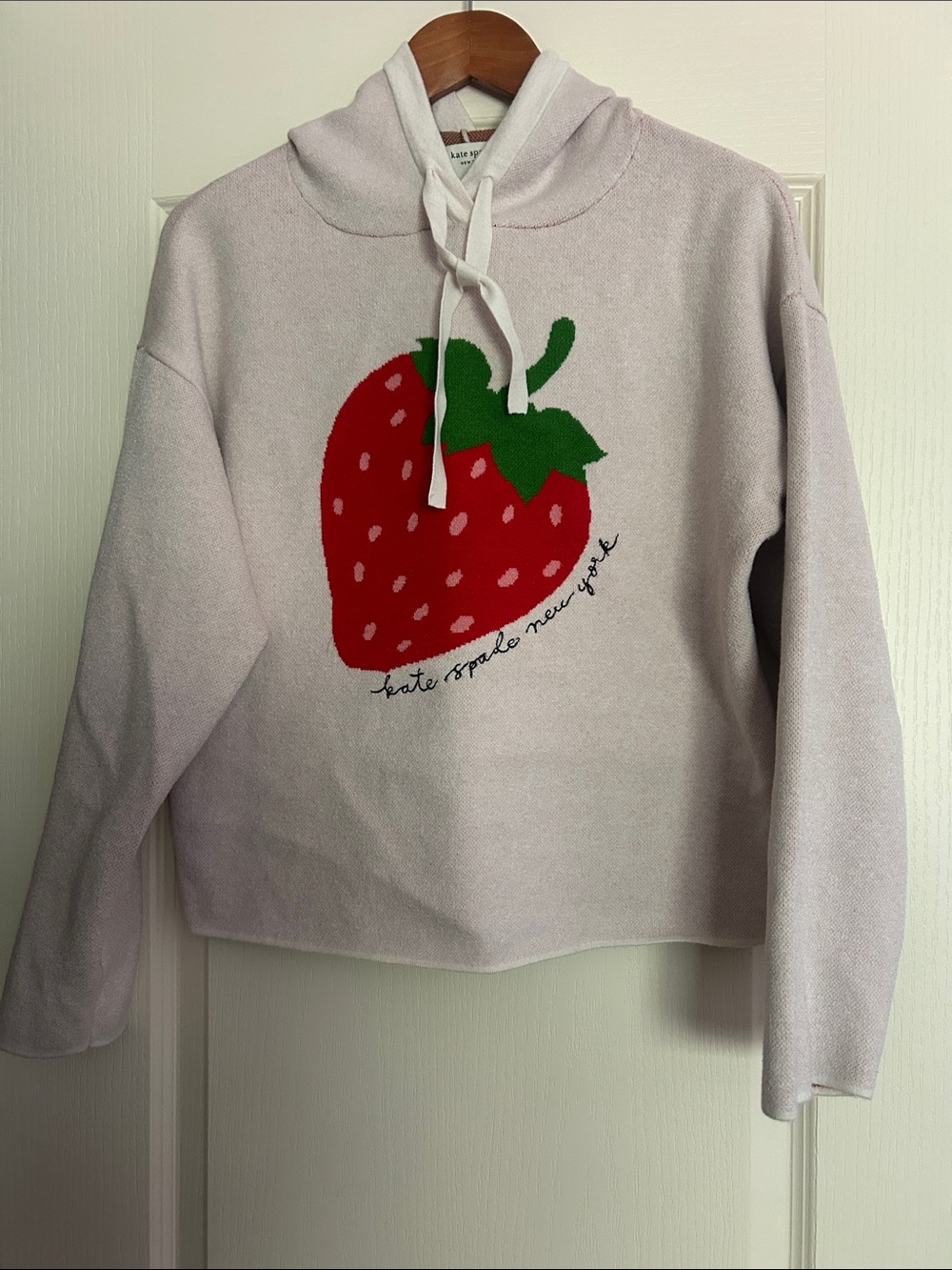 kate spade soft pink hooded sweater with textured red interior